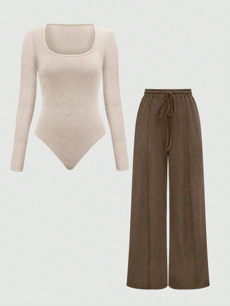SHEIN 2pcs/Set Solid Color Long Sleeve Bodysuit And Drawstring Pants, For Autumn Fall Cloth For Women - Apricot - View 1