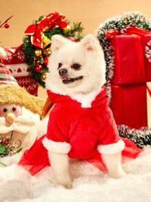 PETSIN 1 件宠物通用红色连帽驯鹿服装，带蝴蝶结和薄纱设计，狗狗连衣裙，圣诞装