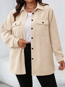 SHEIN LUNE Plus Size Women Solid Long Sleeve Single Breasted Utility Pocket Casual Jacket, Autumn - Apricot - View 4
