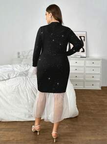 SHEIN Privé Große Größen elegantes romantisches Date Night sexy Lässig Strandparty Musikfestival Neuheiten langes Bodycon-Kleid, Rundhalsausschnitt Bischofs-Ärmel Peek-a-Boo Mesh Glitzer Farbblock Rüschenkante - Schwarz und Weiss - Übersicht 2