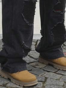 Manfinity EMRG Quần Jeans Nam Túi Và Quần Jeans Rách Dáng Thẳng Rộng Thường Ngày - màu đen - Xem 6