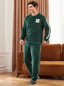Men's Round Neck Patch Side Stripe Print Long Sleeve Top And Pants Loungewear Set - Dark Green - View 6