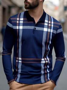Manfinity Homme Men Casual Business Plaid Button-Up Collar Long Sleeve Work Polo Shirt, Business Wear For Autumn, Boy Friend Gifts, For Husband