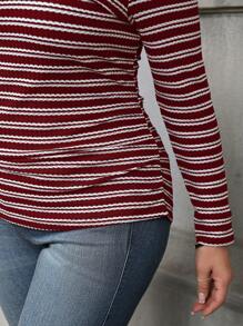 SHEIN LUNE 大码女式休闲圆领长袖复古条纹T恤，适合秋季旅行、日常休闲穿着，新年酒红色假日款 - 酒紅色 - 查看 4