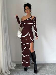 Elenzga 抽象涂鸦印花不对称领口高开叉修身长裙新年服装长款女装 - 紅色 - 查看 6