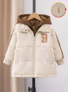 男童休闲运动二合一撞色罗纹带装饰刺绣贴布连帽中长款棉服外套