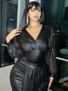 Allurite Plus Size V-Neck Ruched Mesh Sequins Lantern Sleeve Sexy Sheer Bodysuit For Party