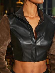 Hauture PU Crop Jacket With Fur Sleeve Detailed - Multicolor - View 7
