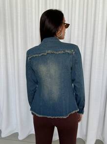 Women Casual Washed Denim Jacket With Frayed Edges, Spring/Autumn Christmas Clothes Women Thanksgiving Outfit Women Thickened Denim