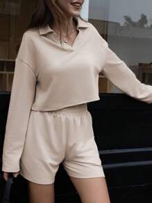 INAWLY Conjunto de 2 peças feminino casual solto cor sólida lapela ombro caído manga comprida top e shorts, primavera outono - Damasco - Ver 4