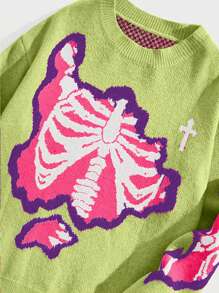 ROMWE MEN Street Life Men's Crew Neck Long Sleeve Skeleton Pattern Casual Pullover Sweater, Halloween, For Fall Winter, Grunge Style