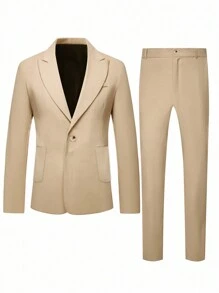 Manfinity Mode Men Solid Color Patch Pocket Design Suit Jacket And Pants Two Pieces Suit, Pink Suit Men Suit Set, Men Pink Suit, Men Suit, Men Wedding Suit - Khaki - View 3