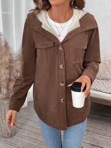 Chiquease Áo khoác cardigan trùm đầu có túi, bên ngoài bằng vải nhung kẻ có lót nhiệt - màu nâu - Xem 6