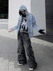 Manfinity EMRG 男士仿旧洗水拉链牛仔夹克，适合休闲外出 - 藍色 - 查看 1