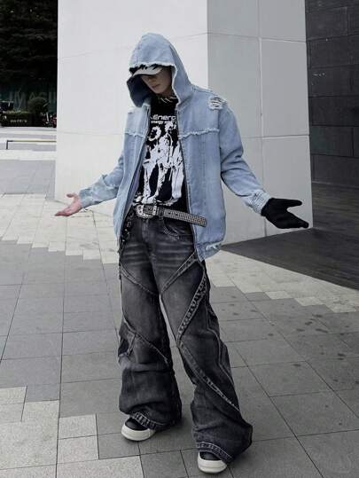 Manfinity EMRG Men's Distressed Wash Zip-Up Denim Jacket, Suitable For Casual Outings