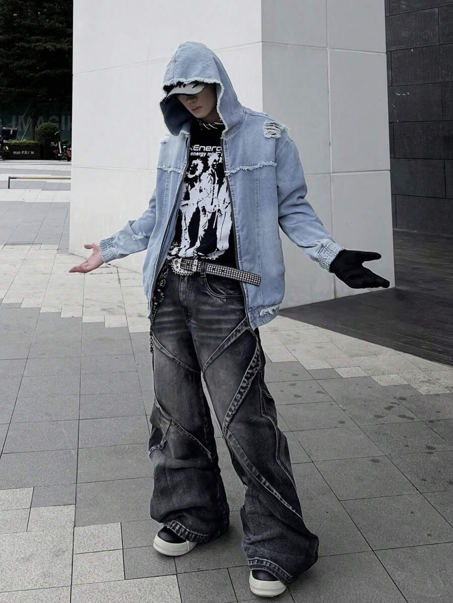 Manfinity EMRG 男士仿旧洗水拉链牛仔夹克，适合休闲外出 - 藍色 - 查看 1