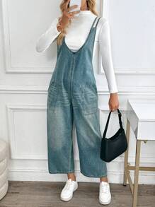 EMERY ROSE Mono de mezclilla sin mangas con bolsillo decorado de unicolor para mujeres