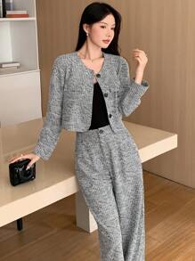 DAZY 2pcs Women Elegant Commuting Set, Including Long Sleeve Single-Breasted Jacket And Pants, Autumn,Fall Women Clothes - Grey - View 10