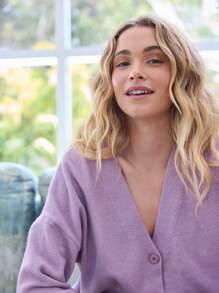 Aralina Women's Solid Color V-Neck Drop Shoulder Long Sleeve Single-Button Casual Cardigan, Autumn/Winter
