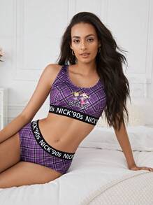 Nick 90s | SHEIN Purple Plaid & Cartoon Print, Cute, Comfy Basic Sports Bra & Panty Set For Women - Purple - View 3