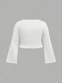 Flirla Plus Size Solid Color Crew Neck Long Sleeve Cropped Top, Casual Daily Wear