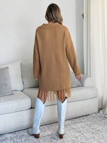 SHEIN LUNE Lapel V Neck Tassel Knit Sweater Mini Dress - Brown - View 2