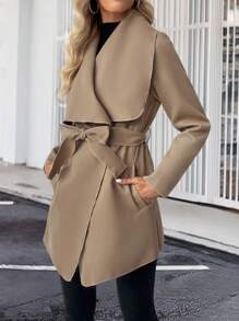 SHEIN LUNE Damen einfarbiger, gegürteter, gewickelter, vordertaschen Lange Ärmel Mantel - Khaki - Übersicht 6