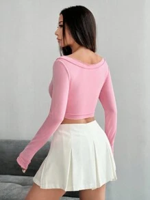 Flirla Pink Oversized Scoop Neck Ruffle Trim Cropped Hem T-Shirt Undershirt, Long Sleeve