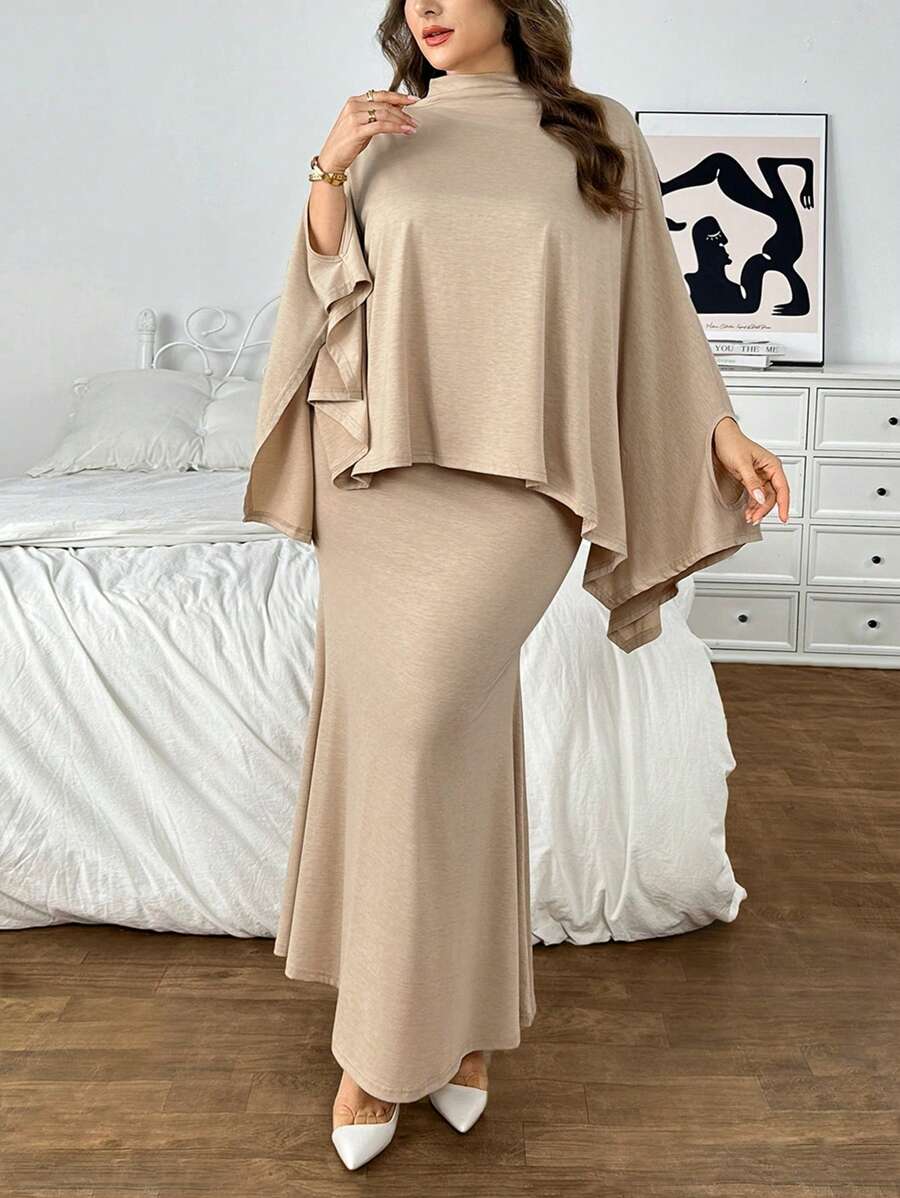 SHEIN Privé Plus Size Elegant Commuting Work Sophisticated High-End Venue Exquisite Afternoon Tea Date Music Concert Party Khaki Earth Tone Loose Generosity Asymmetrical Hem Cape Poncho Top & Fish Tail Skirt, For Winter - Khaki - View 1