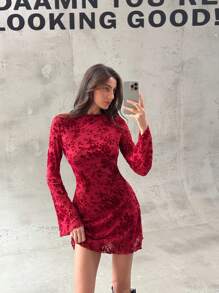 Aloruh New Encore Burgundy Mesh Overlay Flocked Print Pullover Sexy Open Back Bell Sleeve Short Dress - Burgundy - View 2