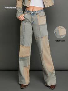 WESTFADE Premium 99% Cotton Denim Mid Rise Patchwork Y2K Wide Leg Jeans - Light Wash - View 13