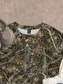 SHEIN EZwear Plus Size Casual Minimalist Vintage Bare Tree Branch Print Round Neck Short Sleeve T-Shirt - Multicolor - View 4