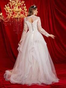 Glamrae 加大码长袖刺绣网眼荷叶边高领连衣裙，优雅飘逸的新娘礼服，白色婚纱，新娘
