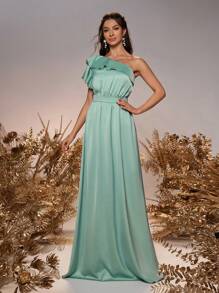 SHEIN Belle Elegante tecido de cetim verde pescoço assimétrico patchwork mangas babados cinto cintura decorada bainha em linha A casamento evento formal senhoras vestido de dama de honra - Verde escuro - Ver 3