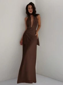 Aloruh Women's Deep V Neck Backless Dress With Draped Sash, A-Line Flowy Chiffon Wedding Party Vacation Summer Dress