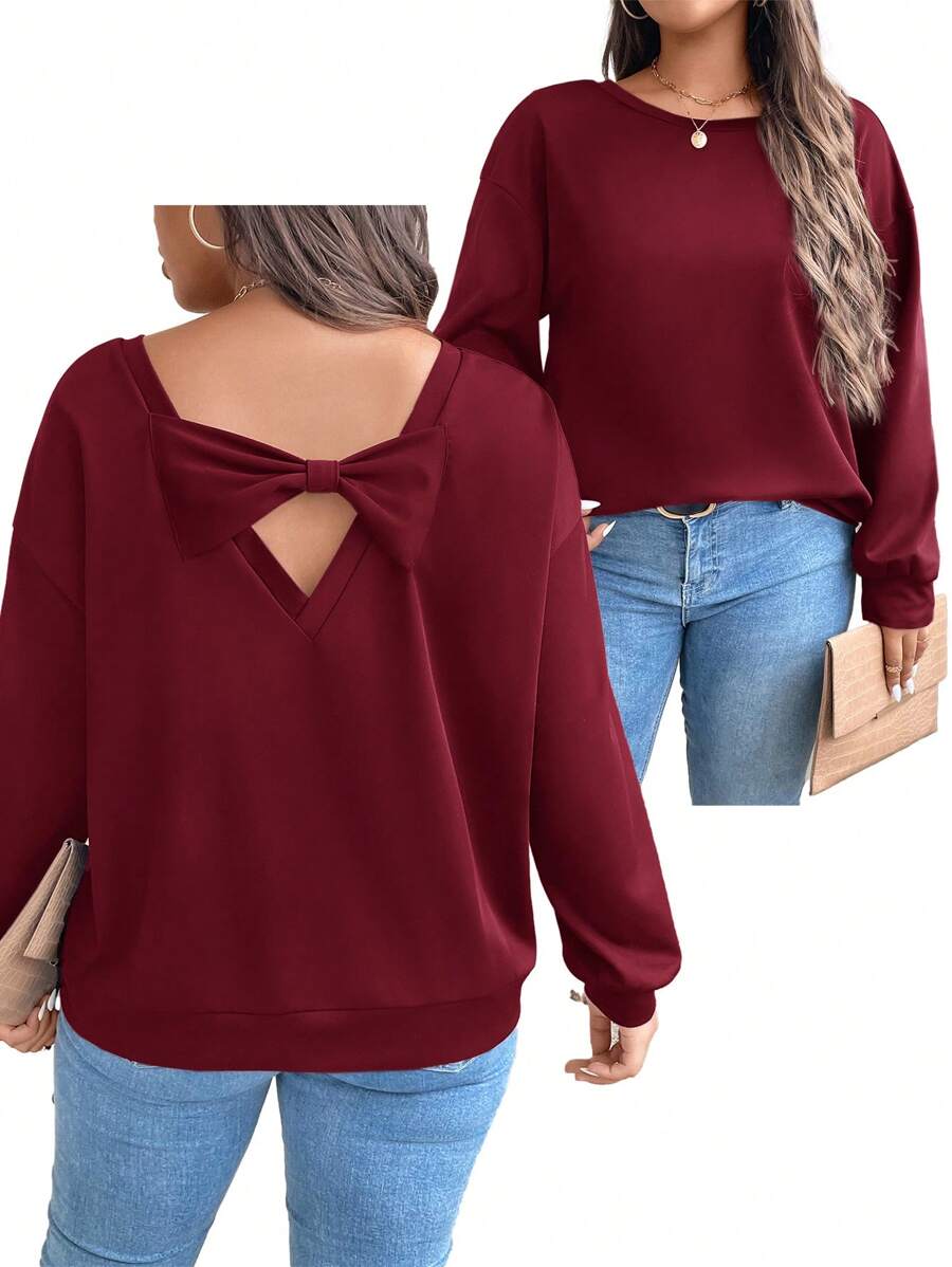 SHEIN LUNE 大码休闲舒适蝴蝶结后背镂空运动衫冬季运动衫 - 酒紅色 - 查看 1