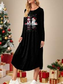 EMERY ROSE 热转印雪人圣诞灯印花斜口袋弧形下摆连衣裙 - 黑色 - 查看 2