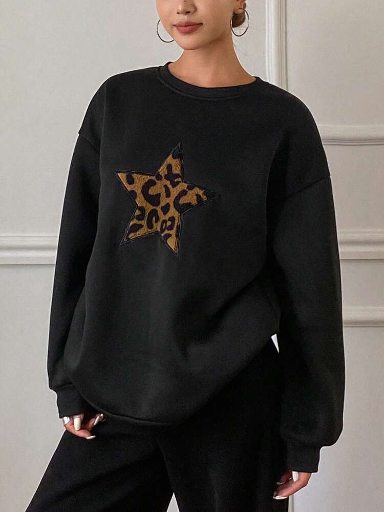 Women's Oversized Leopard Print & Star Splice Fleece Pullover Sweatshirt Y2k Cheetah Print