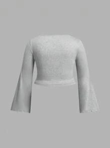Flirla Plus Size Solid Color Crew Neck Long Sleeve Cropped Top, Casual Daily Wear