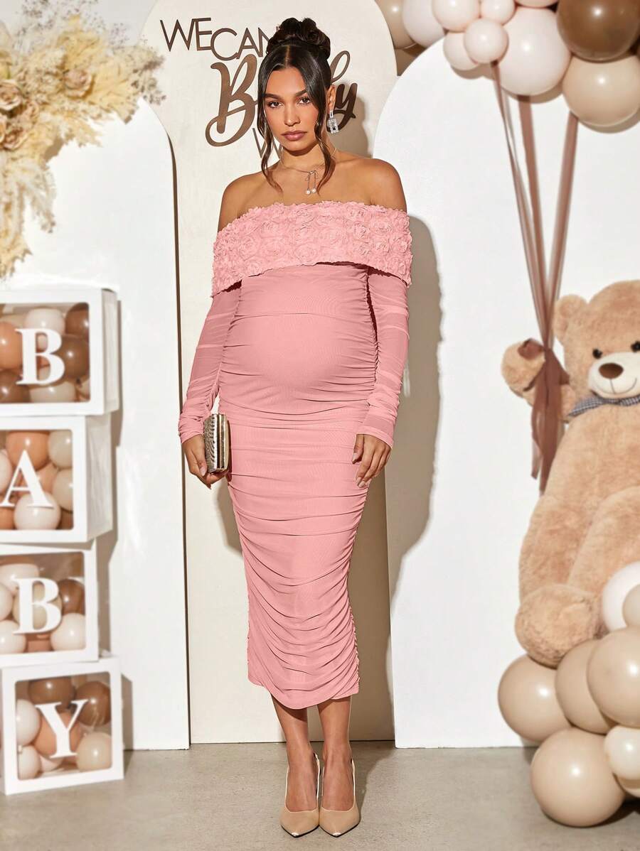 Loomaby 孕妇性别暴露连衣裙女式纯色 RBardot 网眼花卉露肩扭褶优雅长袖连衣裙中长连衣裙适合婴儿送礼会孕妇装 - 粉色 - 查看 1