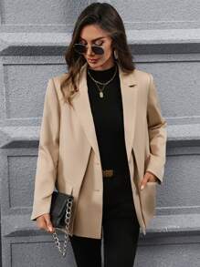 SHEIN Clasi 女士双翻领不对称开衩西装外套 - 杏色 - 查看 6