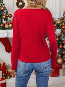 EMERY ROSE Christmas Casual V-Neck Long Sleeve Women's T-Shirt With Christmas Tree Pattern, Suitable For Autumn/Winter