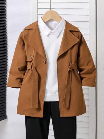 SHEIN 1 pieza Abrigo informal de manga larga tipo trinchera para niño pequeño, adecuado para uso diario, la escuela y actividades al aire libre en otoño e invierno