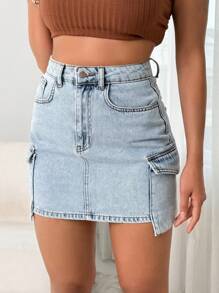 Summer Casual High Waisted Cargo Pocket Denim Skirt - Medium Wash - View 7