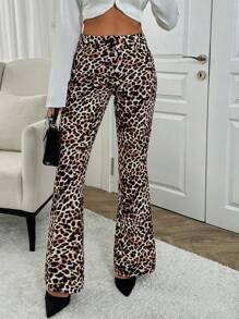 EURMUSE Leopared Printed Flare Leg Pants - Brown - View 7