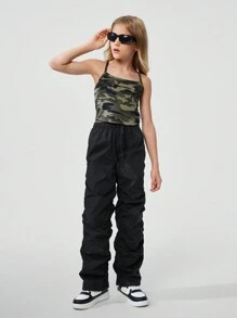 SHEIN Tween Girls' Fashionable Ruched Drawstring Design Long Pants, Black - Black - View 5