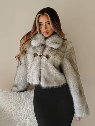 SHEIN ICON Brown Tie Dye Metal Decor Casual Fluffy Coat In Fall/Winter