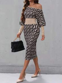 SHEIN Clasi Asymmetrical Neckline Geometric Print Women Long Sleeve Elegant Dress Maxi Women Outfit