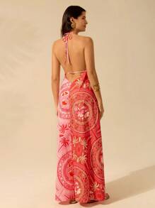 CAJUNI Women's Summer Boho Coconut Tree & Tropical Floral Print Contrast Color Sleeveless Maxi Casual Beach Party Dress