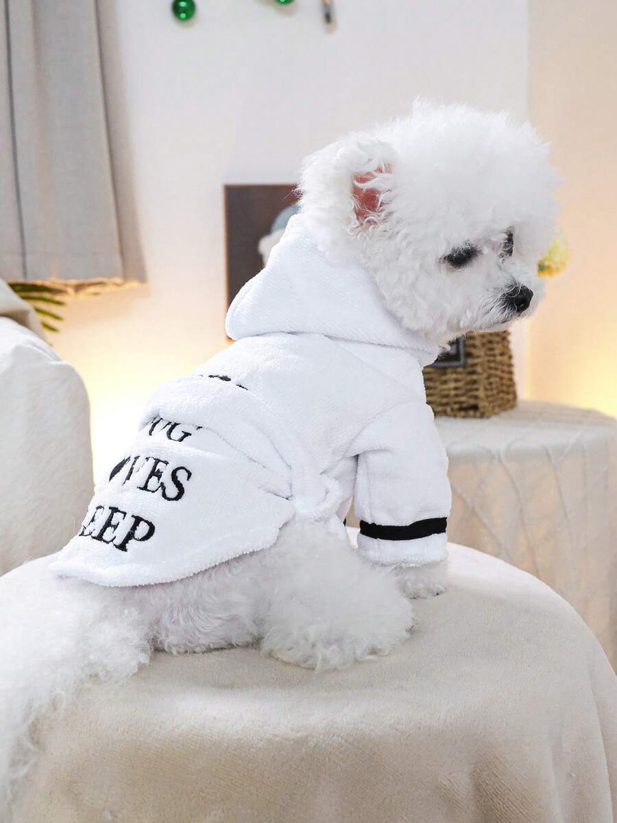PETSIN 1pc Pet White Bathrobe Embroidered English Text Hooded Open